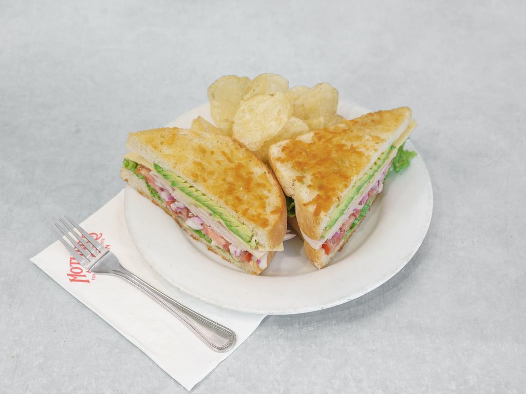 Turkey Swiss Sandwich · Parmesan crusted sourdough, diestel turkey, Swiss cheese, lettuce, tomato, red onion, avocado and 1000 Island dressing. Served with chips.