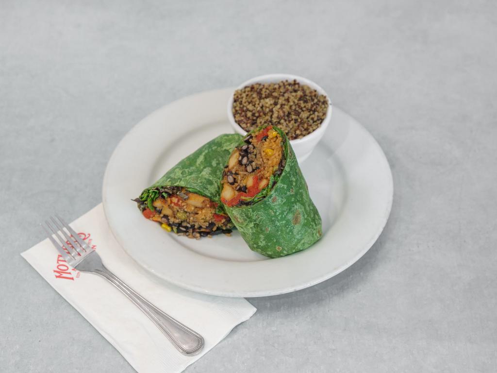 Inferno Wrap · Veggie cutlet, mixed greens, black beans, Mexican rice, roasted peppers, and cilantro jalapeno dressing, wrapped in a spinach tortilla. Served with lemon quinoa.