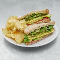 Avocado Cheese Sandwich · 9-grain bread, avocado, cheddar cheese, lettuce, tomato, vegenaise, and sunflower sprouts. S...