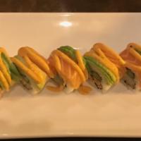Yellow Dragon Roll · Shrimp tempura, asparagus, avocado roll topped with salmon, avocado, and special sauce 