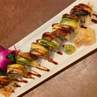 Black Dragon Roll · Shrimp tempura, asparagus, avocado roll topped with eel, avocado, and special sauce