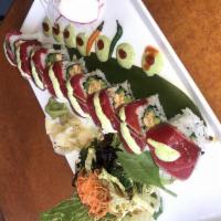 Mexican Deluxe Roll · Crunchy banked salmon, Jalapeno, cilantro, and spicy mayo on top with seared tuna and served...