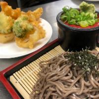 Zarusoba  · Soba noodles served cold with shrimp and vegetable tempura.