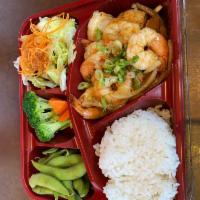 Shrimp Teriyaki Bento box · Shrimp Teriyaki includes California roll, Edamame, a small salad, miso soup &rice