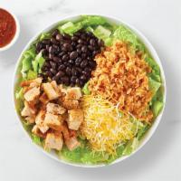 Grilled Chicken Bowl · Grilled chicken on a bed of chopped romaine, black beans, Spanish rice, cheese, mild salsa