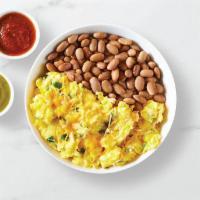 Breakfast Bowl · Fresh eggs scrambled with green onions, pinto beans, cheese, red chili salsa, avocado-verde ...