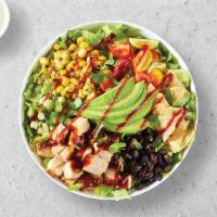 Southwest Chicken · Fresh grilled bbq chicken, avocado, roasted corn, black beans, cherry tomatoes, corn chips, ...