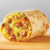 Breakfast Burrito · Fresh eggs scrambled with green onions, pinto beans, cheese, red chili salsa and avocado ver...