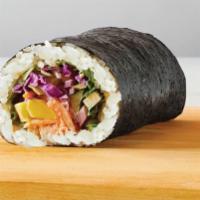 Miso Salmon Roll · Nori wrap, sushi rice, wasabi ginger sauce, arugula, mango, sesame coleslaw, pickled red oni...