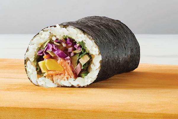 Miso Salmon Roll · Nori wrap, sushi rice, wasabi ginger sauce, arugula, mango, sesame coleslaw, pickled red onions, cucumber, green onions, cilantro.