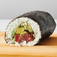 Ahi Tuna Roll · Nori wrap, sushi rice, ahi tuna in a sesame marinade, wasabi ginger sauce, arugula, guacamol...