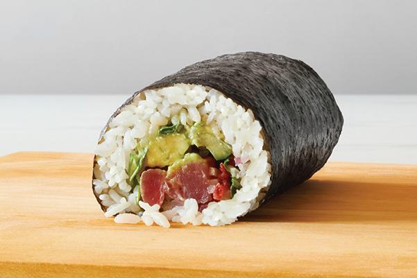 Ahi Tuna Roll · Nori wrap, sushi rice, ahi tuna in a sesame marinade, wasabi ginger sauce, arugula, guacamole, pickled red onions, pickled daikon, cucumber, tobiko, tempura crunch