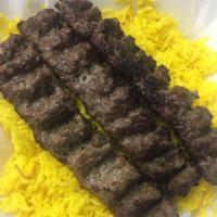 Beef Shish Kafta Dinner · Ground beef sirloin and lamb mixed with parsley, onions and our own spice mix than charbroil...