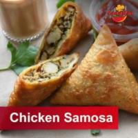2 Pieces Chicken Samosa  · Fried triangular shaped pastry with savory filling of spiced ground chicken.