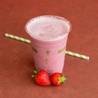 Strawberry Banana Smoothie · Organic banana, strawberry, almond milk (non-dairy, gluten-free), date, and agave.