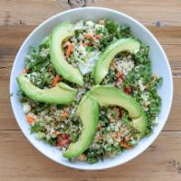 Quinoa Bowl Salad · Quinoa, carrots, cucumber, feta, avocado, green peppers, tomatoes, scallion, mint, cilantro,...