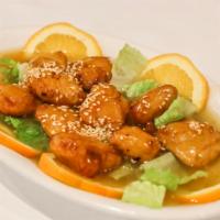 Sweet Orange · Batter fried soy protein cooked in sweet and sour orange sauce.