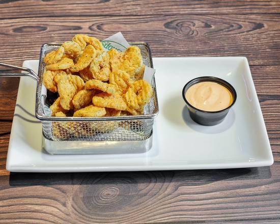 Fried Pickle Chips · Slim breaded pickles and spicy aioli.
