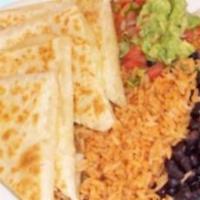 Quesadilla Con Arroz Y Frijoles · Served with rice and beans.