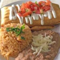 Plain Chimichanga with Rice and Beans · Served with your choice of meat.