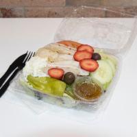 PAULIES SALAD · SPRING MIX LETTUCE, FETA CHEESE, GRILLED CHICKEN, STRAWBERRY, TOMATO, CUCUMBERS, ALMONDS, HO...