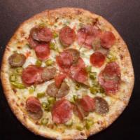 Ames Pizza · Hot giardiniera base, mozzarella cheese, pepperoni, sausage and salami.