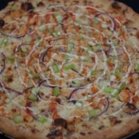 Dellinger Pizza · Olive oil and garlic base, mozzarella and Gorgonzola cheese, Buffalo chicken and red onion w...