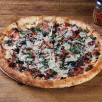 Hansen Pizza · Olive oil and garlic base, mozzarella cheese, sliced tomatoes, bacon, cranberries, fresh bas...