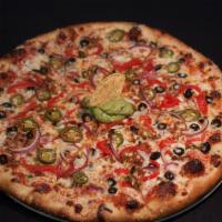 Pitts Pizza · Red sauce, mozzarella and cheddar cheese, chorizo, marinated roasted red peppers, red onion,...