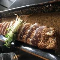 Haji Tataki · Sesame crusted seared albacore, served in a warm and whole grain mustard ponzu sauce.