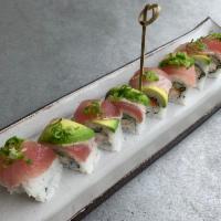 Gluten Free Albacore Special Roll · Cornstarch fried shrimp, lump crab, cucumber, layered with albacore and avocado, green onion...