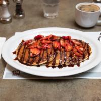 Berry Chocolaty Pancake · Chocolate chip, fresh strawberries and a chocolate drizzle. Add maple syrup for an additiona...