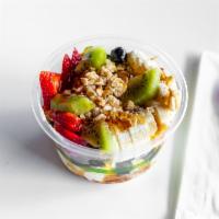 Organic Greek Yogurt Parfait · Organic Greek yogurt, honey, vanilla almond granola, banana, strawberry, blueberry and kiwi.