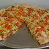 Taco Pizza · Lettuce, tomatoes, ground beef and cheddar cheese.