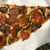 SUPREME · Pepperoni, sausage, mushrooms, peppers and onions with fresh mozzarella.