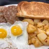 #3. Two Eggs, Sausage, Home Fries, and Toast · Sausage Patties or Sausage Links, Two Eggs Cooked Your Way, Your choice of Buttered Toast, Y...