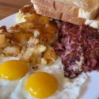 #4. Two Eggs, Homemade Corned Beef Hash, Homefries, and Toast · Our Famous Homemade Corned Beef Hash, Two Eggs Cooked your Way, Your choice of Buttered Toas...