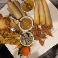 1. Sample · Combination of satay chickens, fried spring rolls, cream cheese wonton, winter shrimp and po...