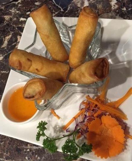 3. Egg Rolls · 5 pieces. Fried vegetarian roll of cabbage, carrots and glass noodles. Served with sweet sauce.