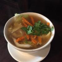 16. Wonton Soup · Stuff pork wonton in clear broth with napa cabbage, peas, carrot and cilantro.