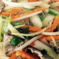 52. Ginger · Fresh ginger root, carrots, green onions, celery and onions. Served with steamed jasmine rice.