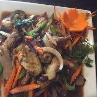 54. Eggplant · Eggplant, garlic, bell peppers, carrots, onions and Thai basil. Served with steamed jasmine ...