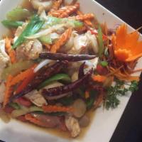 57. Kung Pow · Water chestnut, carrots, celery, onions, peanut, bell peppers, in sweet sauce with whole dri...