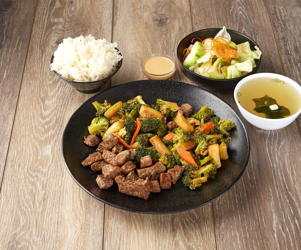 Beef Hibachi · Served with miso soup, salad and steamed rice or fried rice.