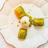 Baklava · Finley layered pastry filled with nuts and steeped in syrup.