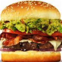 Bacon Cheese burger · With lettuce, tomato and onion. on a brioche bun