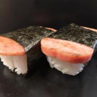 2 Pieces Spam Musubi · Teriyaki glazed spam on top of sushi rice. Wrapped in nori seaweed.