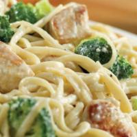 Chicken Broccoli Alfredo · Fresh diced chicken, sauteed garlic, fresh broccoli in a creamy Alfredo sauce tossed over li...