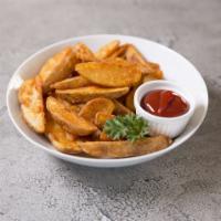 Seasoned Fries · Potato wedges batter-coated and zesty seasoned. Served with ketchup.