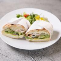 Chicken Avocado Sandwich · Chicken with provolone cheese, avocado, mustard and mayo. Served with romaine, spinach, toma...